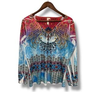 Susan Lawrence Women's BoHo Long Sleeve V Neck Top USA Made Size L 21 x 26